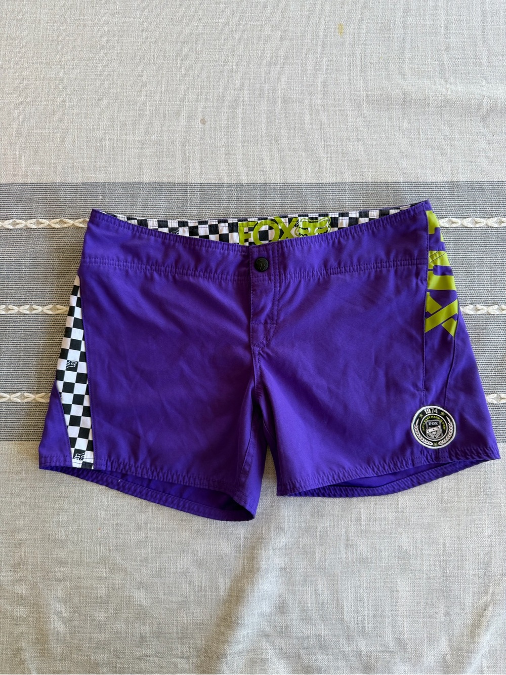 Y2K Fox Racing Boardshorts Purple Neon Lime Logo Black White Checker Waistband